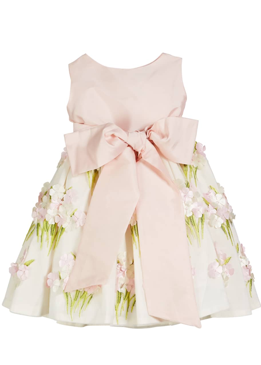 Image 1 of 1: Solid Bow Front Dress w/ Floral Bouquet Skirt, Size 4-6X