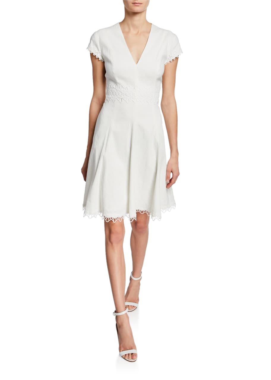 Elie Tahari Maia V-Neck Cap-Sleeve Dress w/ Lace-Trim - Bergdorf Goodman