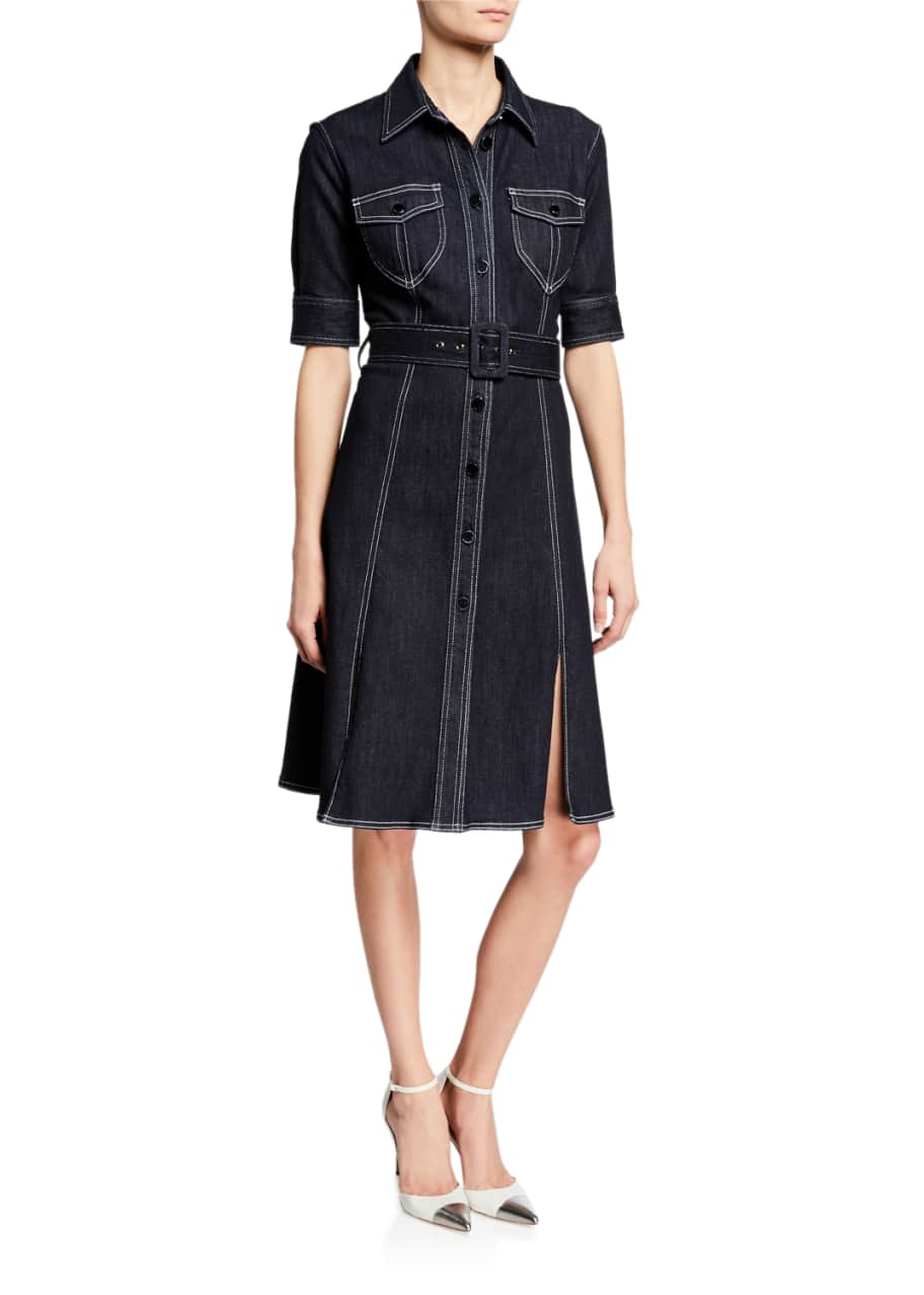 Elie Tahari Aurora Button-Front Elbow-Sleeve Belted Denim Dress - Bergdorf  Goodman