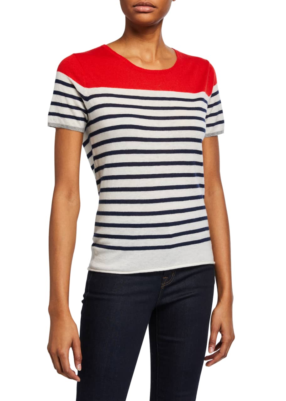 Image 1 of 1: Colorblock Striped Short Sleeve Cashmere T-Shirt