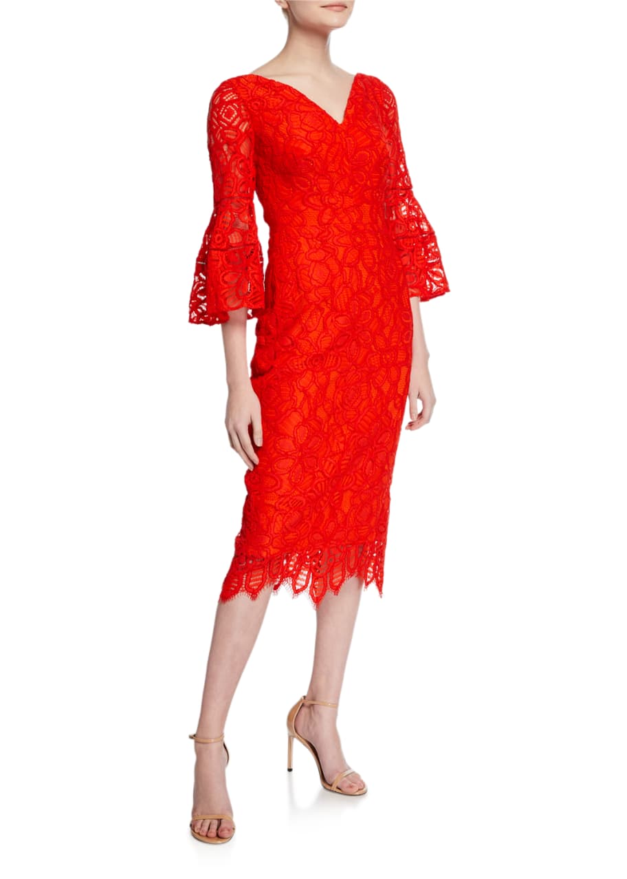 Lela Rose V-Neck Flutter-Sleeve Guipure Lace Dress Bergdorf Goodman