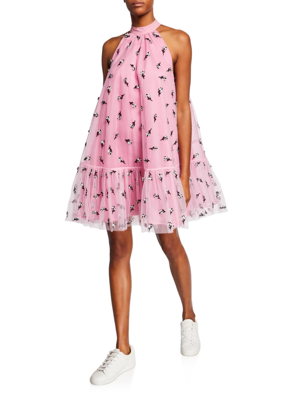 knee length dresses for ladies Ganni // Green & Multicolour Printed Ruched Mesh Dress – VSP Consignment main image 0