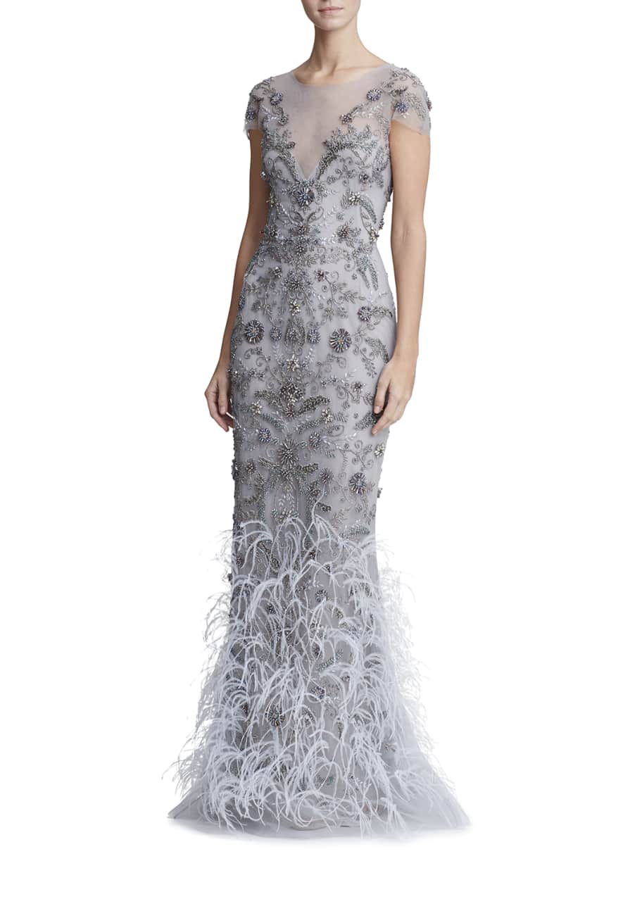 Marchesa Feather-Embellished Tulle Illusion Gown - Bergdorf Goodman
