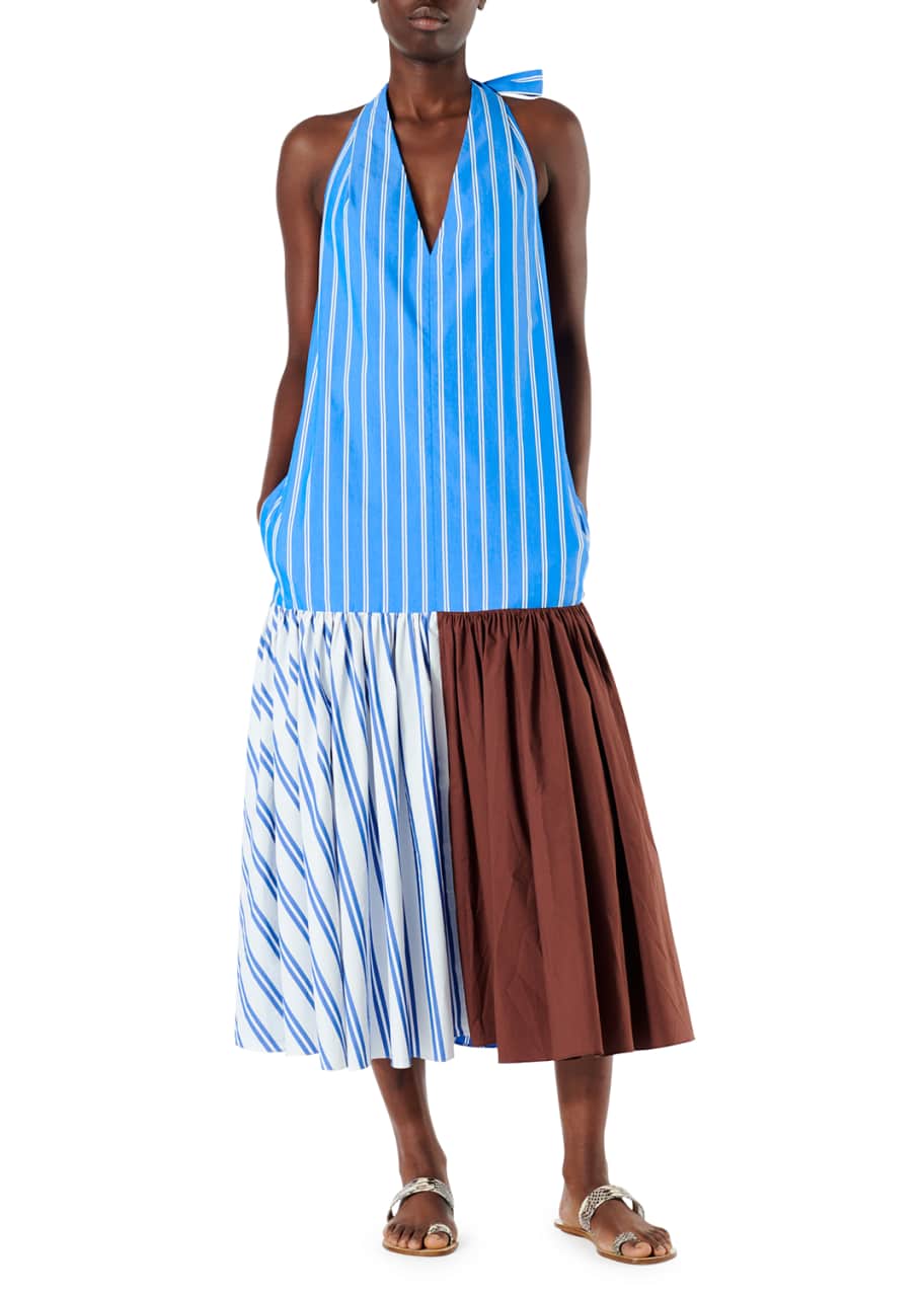 Tibi Vivian Stripe Deep V Halter Dress