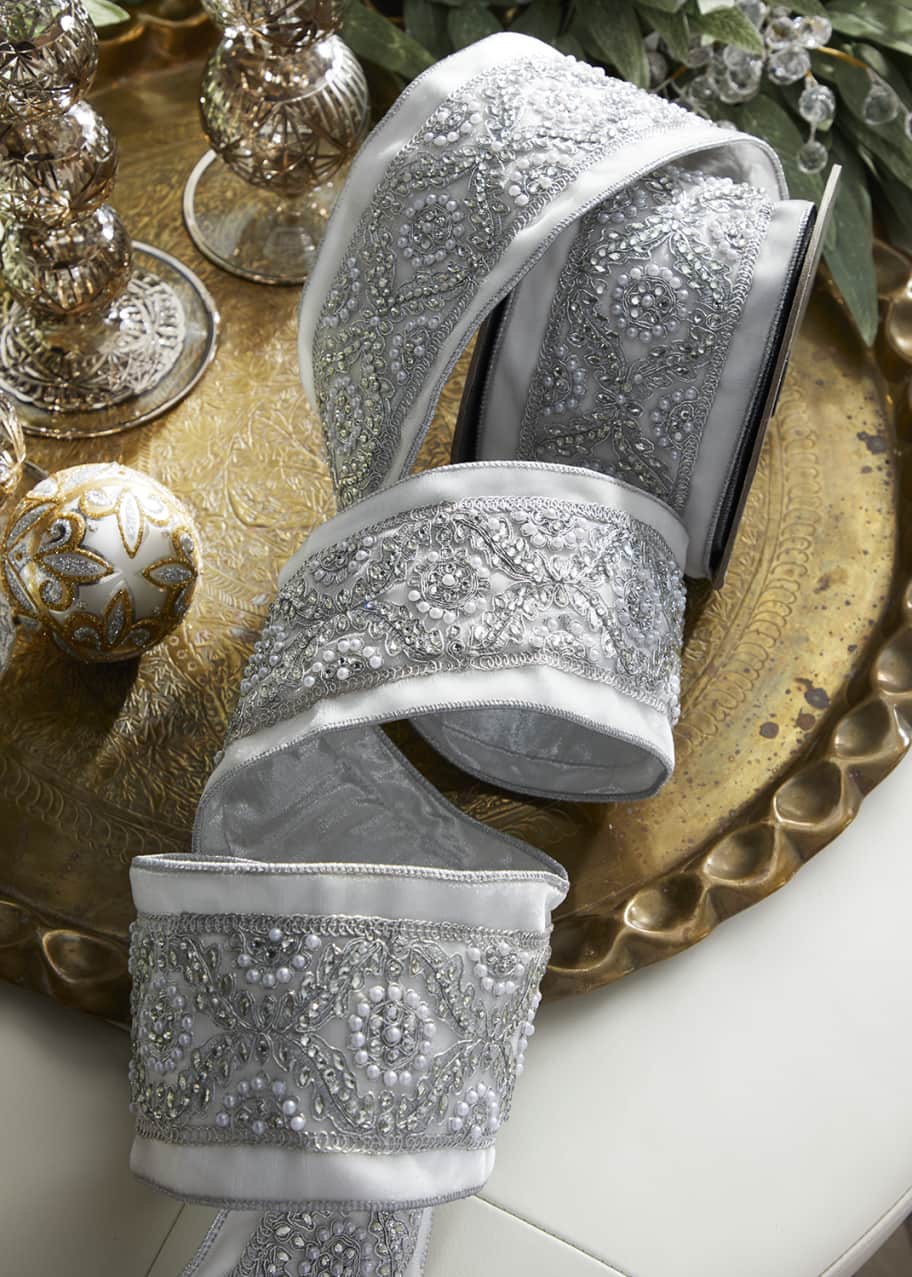 Stevens Silver Velvet Ribbon with Pearly Bead Trim Bergdorf