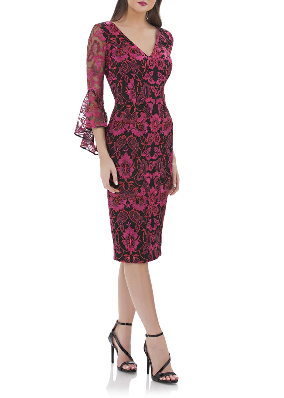 Carmen Marc Valvo Infusion V Neck Tulip Sleeve Embroidered Lace Cocktail Dress Bergdorf Goodman