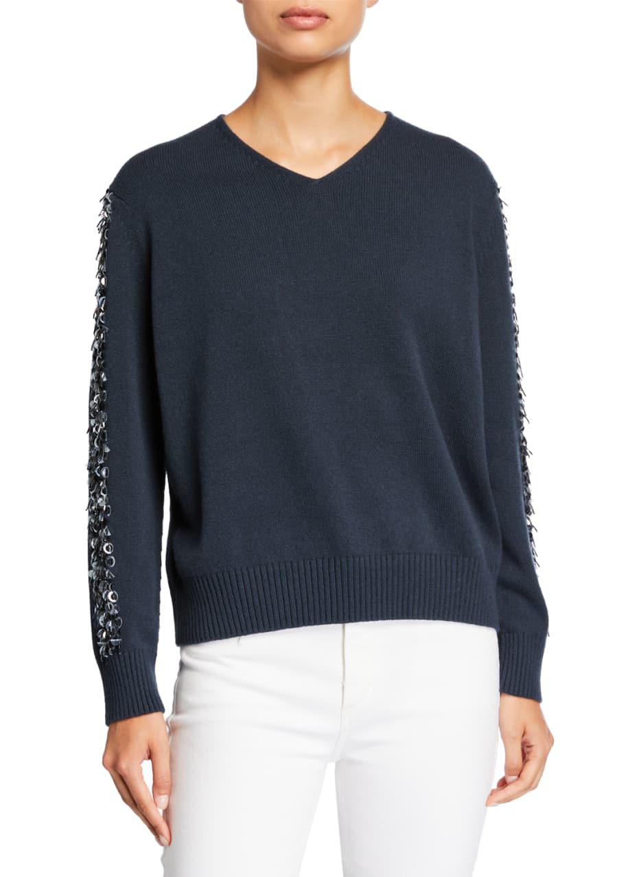 Image 1 of 1: Cashmere V-Neck Sweater with Sequins