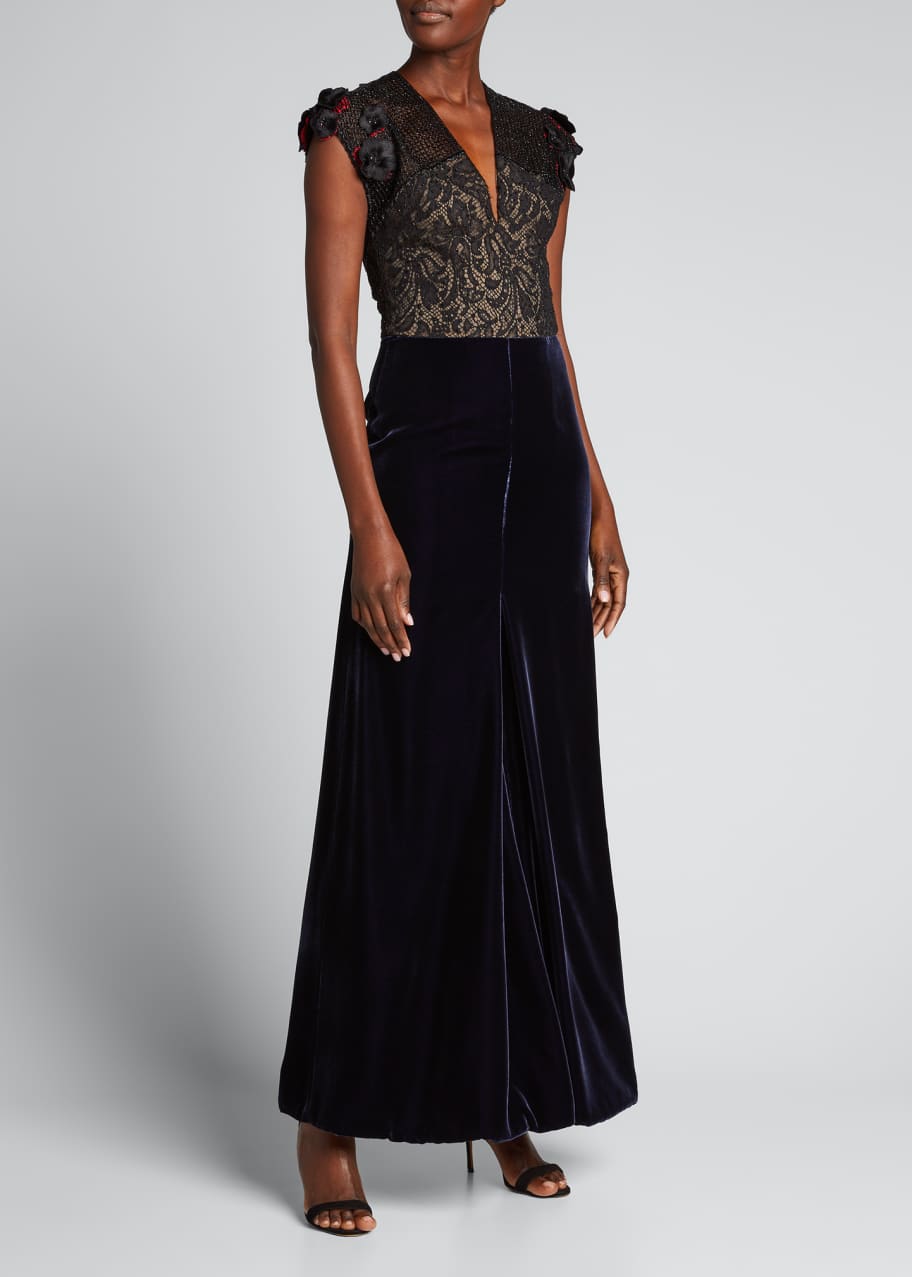 Giorgio Armani Velvet & Lace Dress w/ Floral Applique - Bergdorf Goodman
