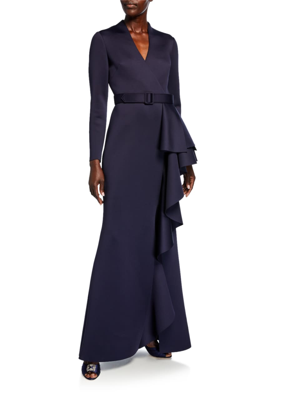Badgley Mischka Collection LongSleeve Scuba Gown with Side Ruffle