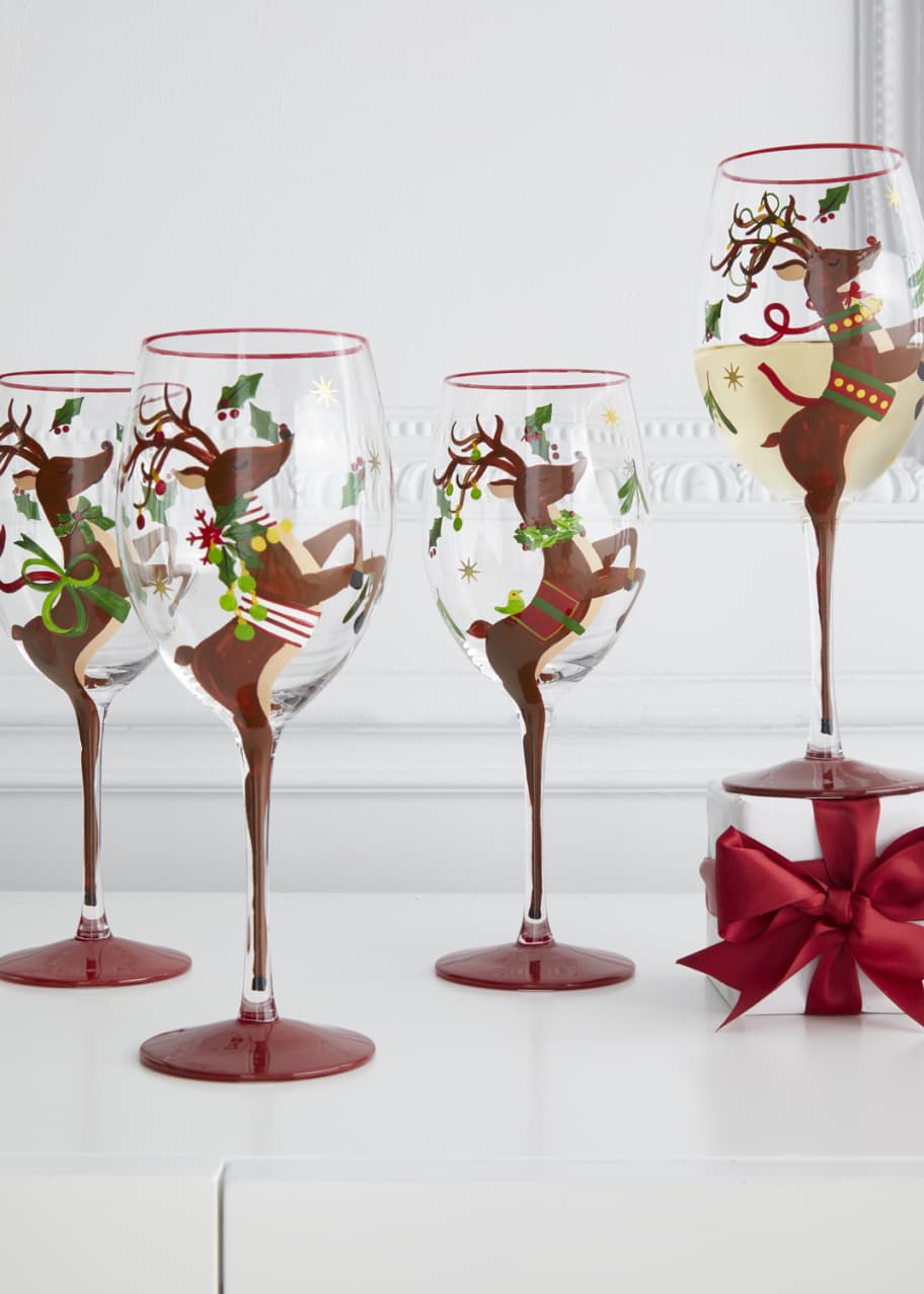 Image 1 of 1: Hand-Painted Reindeer Wine Glasses, Set of 4