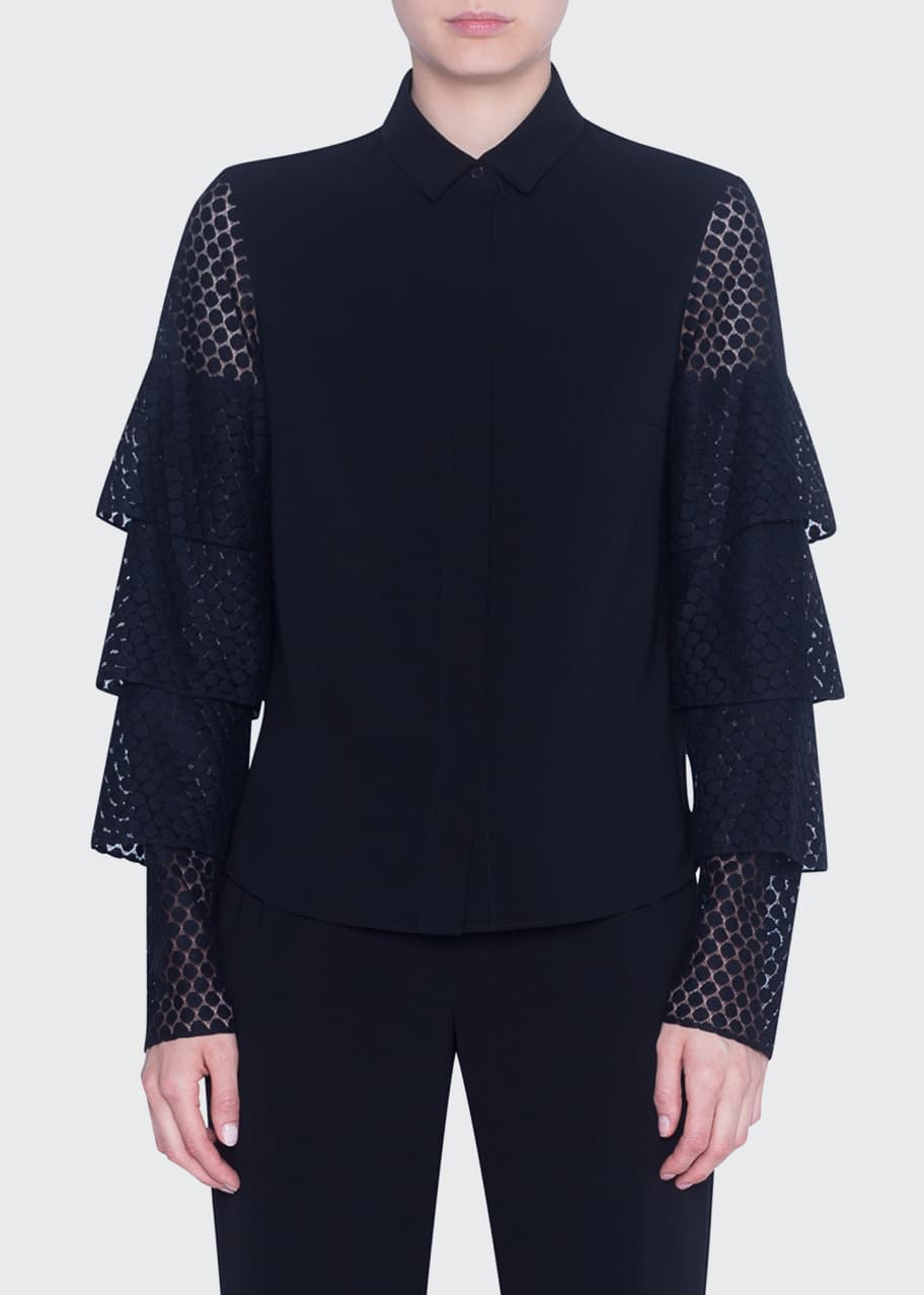 Image 1 of 1: Laser-cut Lace-Sleeve Button-Front Shirt