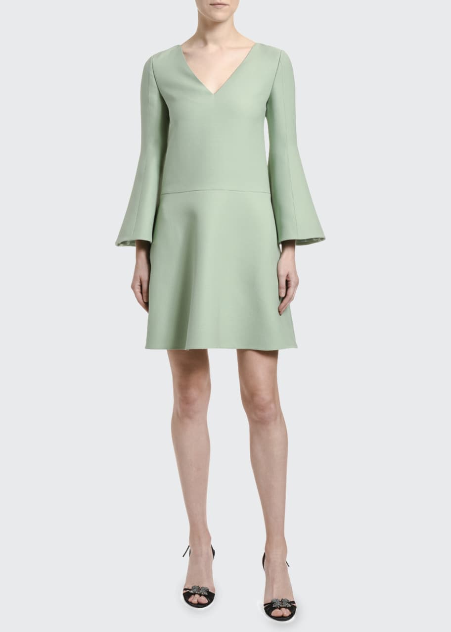 Image 1 of 1: V-Neck Bell-Sleeve A-Line Dress