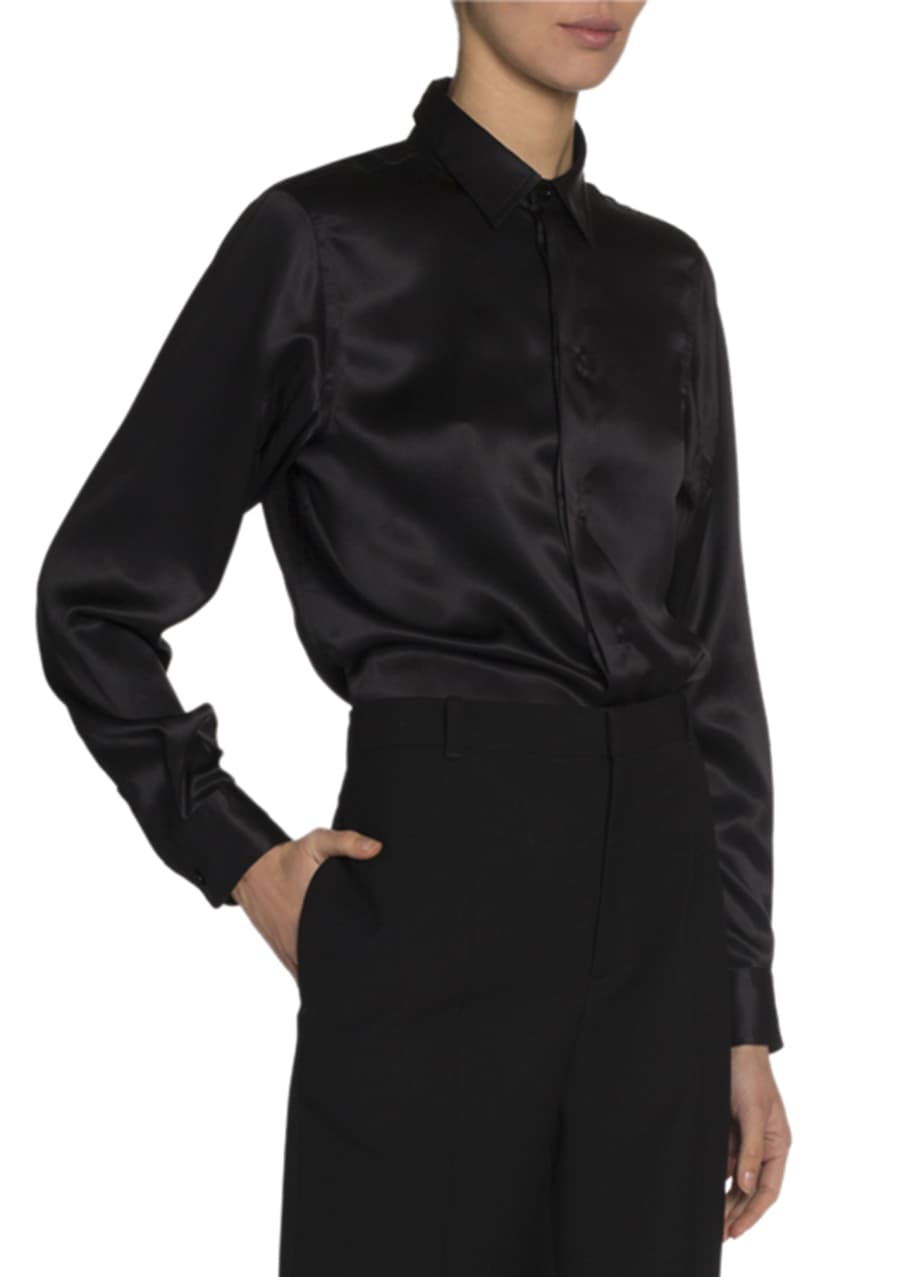 Image 1 of 1: Silk Satin Button-Front Shirt