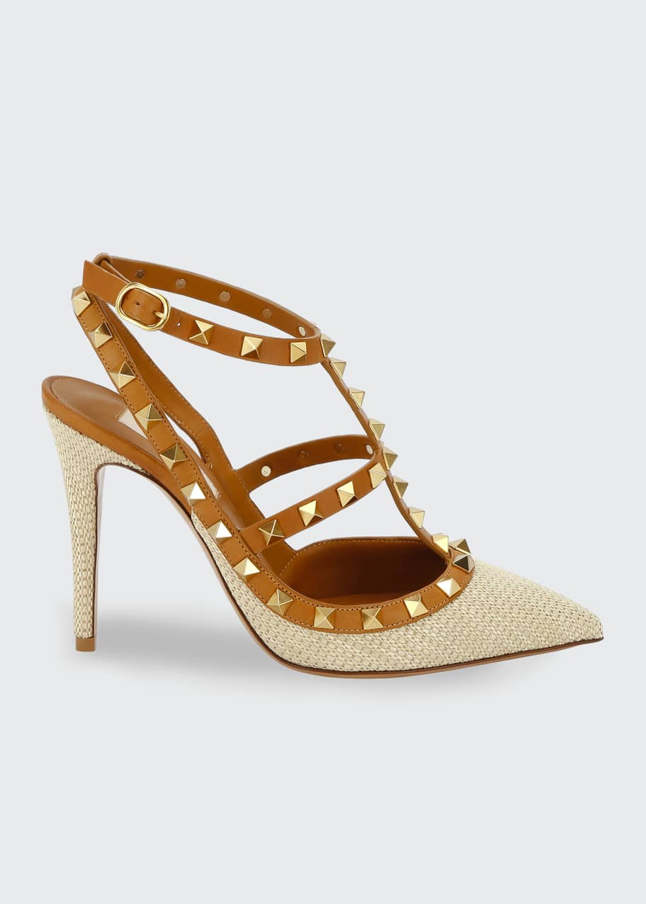 Image 1 of 1: Woven Straw Rockstud Ankle-Strap Pumps
