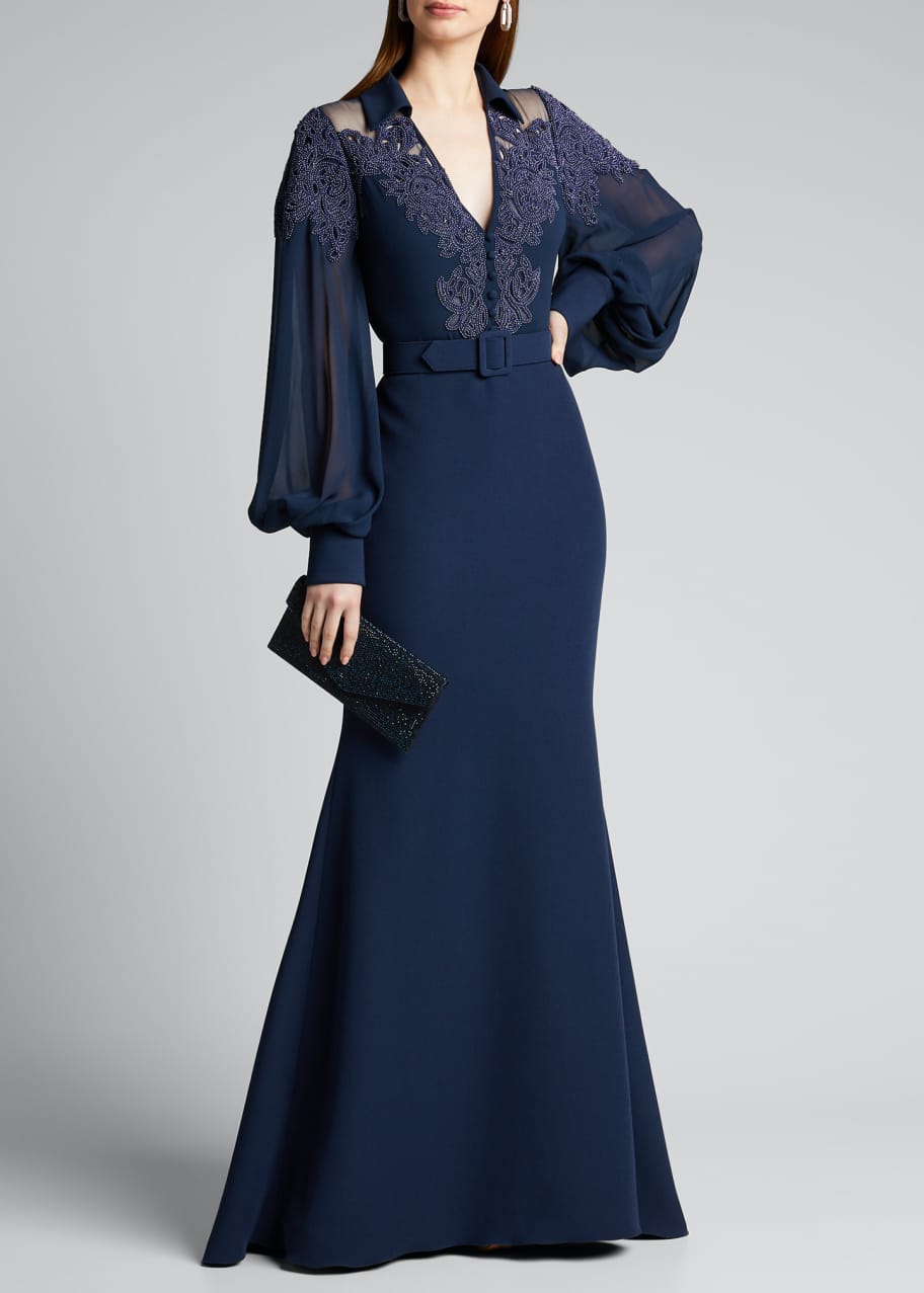 Image 1 of 1: Lace Embroidered Trumpet Shirt Gown w/ Belt
