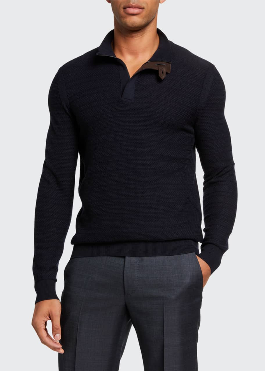 Image 1 of 1: Men's Textured Wool Leather-Trim Sweater