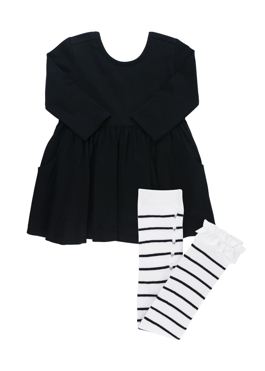 RuffleButts Solid Long-Sleeve Twirl Dress w/ Striped Tights, Size 3M-3T -  Bergdorf Goodman