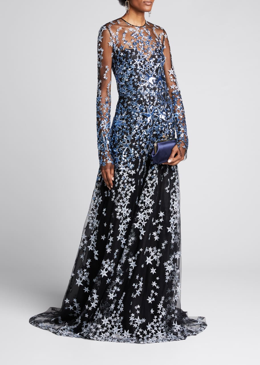 Naeem Khan Star-Embroidered Long-Sleeve Illusion Gown - Bergdorf Goodman
