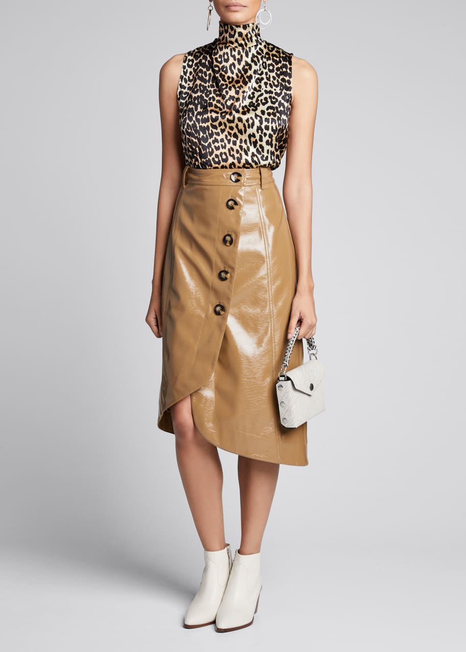 Image 1 of 1: Patent Faux-Leather Asymmetric Button-Front Skirt