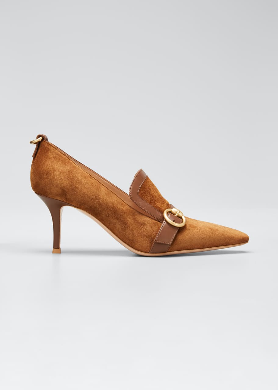 Image 1 of 1: Suede Leather-Buckle Loafer Pumps