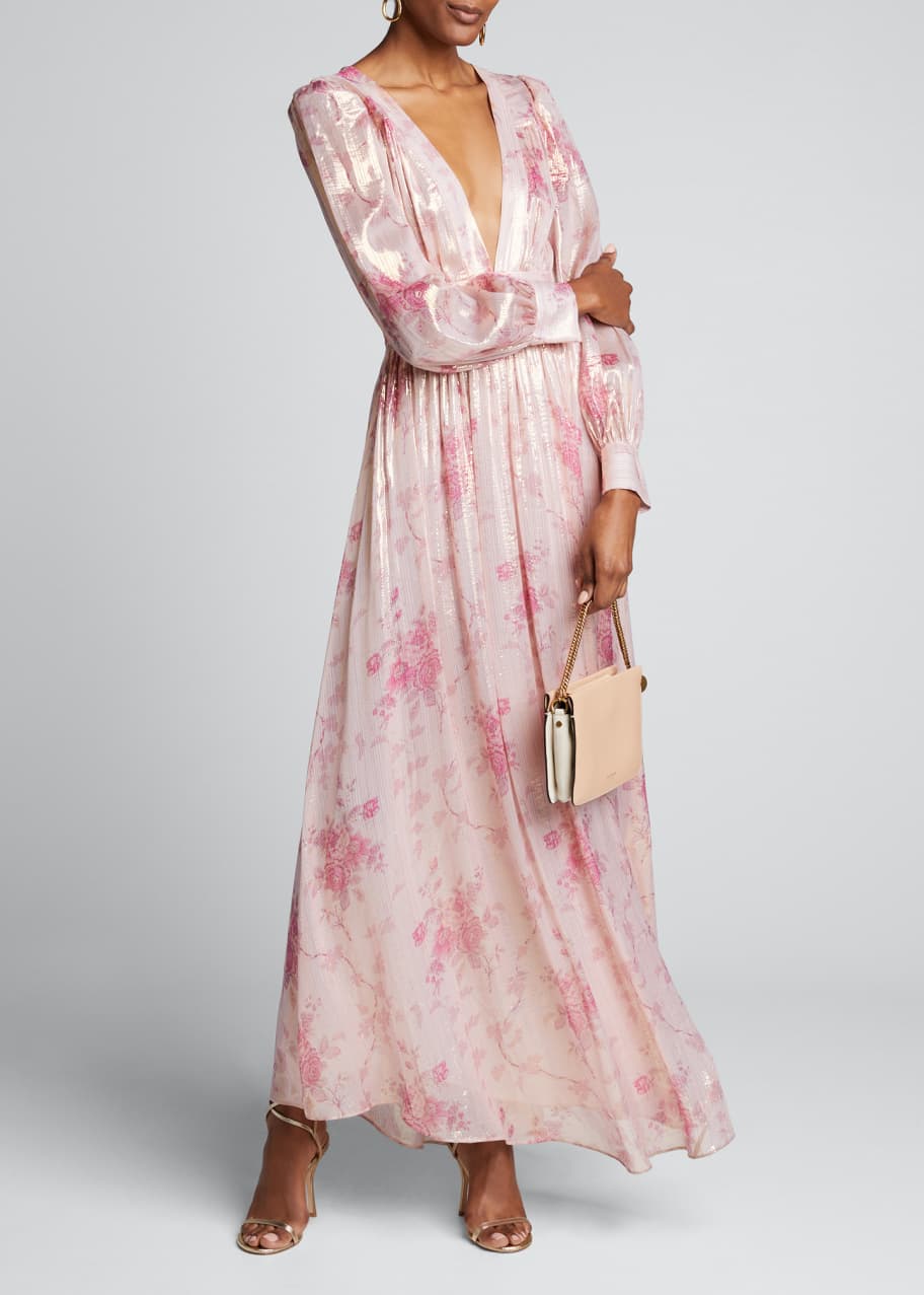 LoveShackFancy Cyrena Floral-Print Silk V-Neck Dress - Bergdorf Goodman