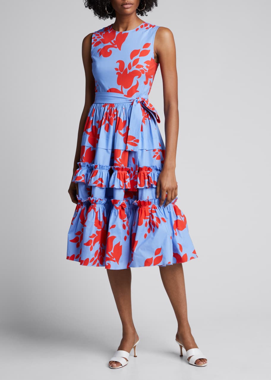 Image 1 of 1: Floral-Print Sleeveless Tiered Ruffle Dress