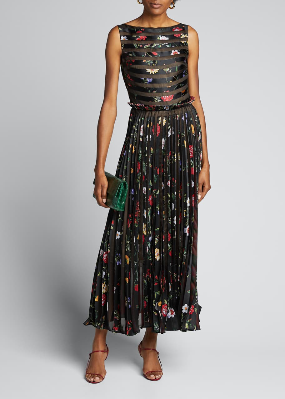 Image 1 of 1: Floral Striped Pleated Gown