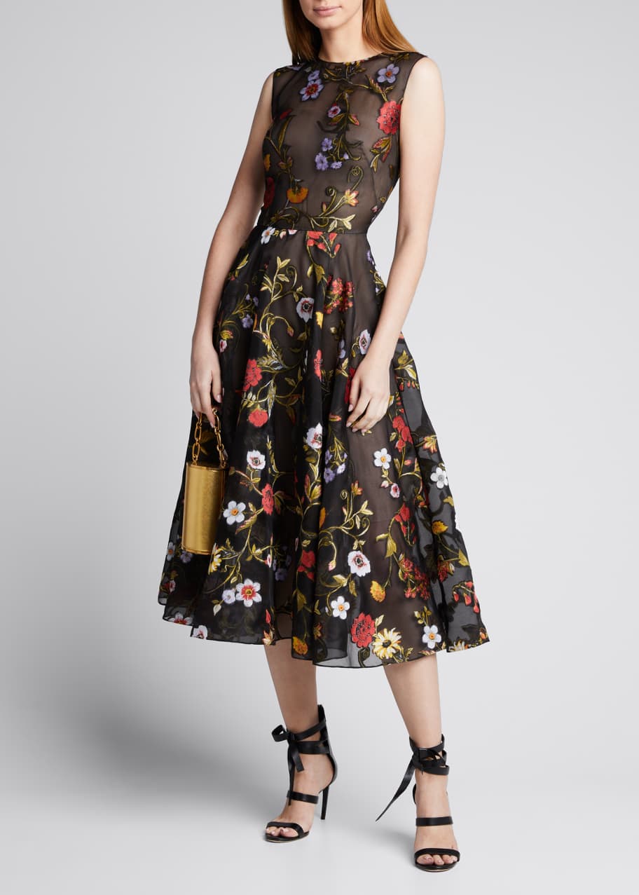 Image 1 of 1: Sleeveless Ikat Floral Embroidered Tulle Day Dress
