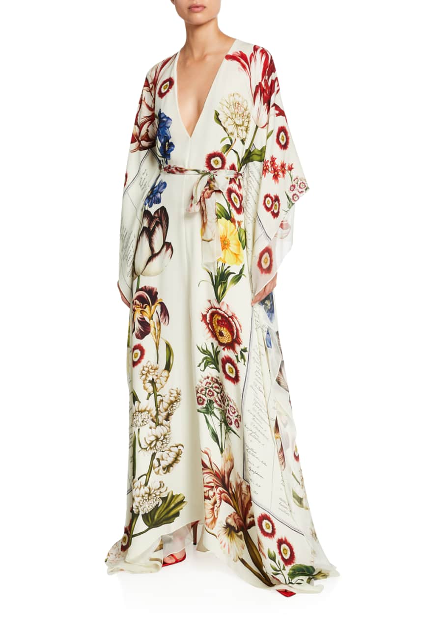 Floral V Neck Long Sleeve Self Belt Silk Caftan