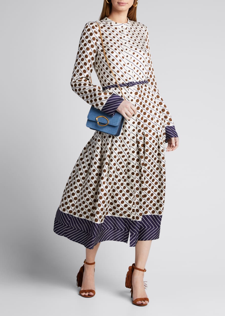 Polka Dot Long Sleeve Belted Silk Midi Dress