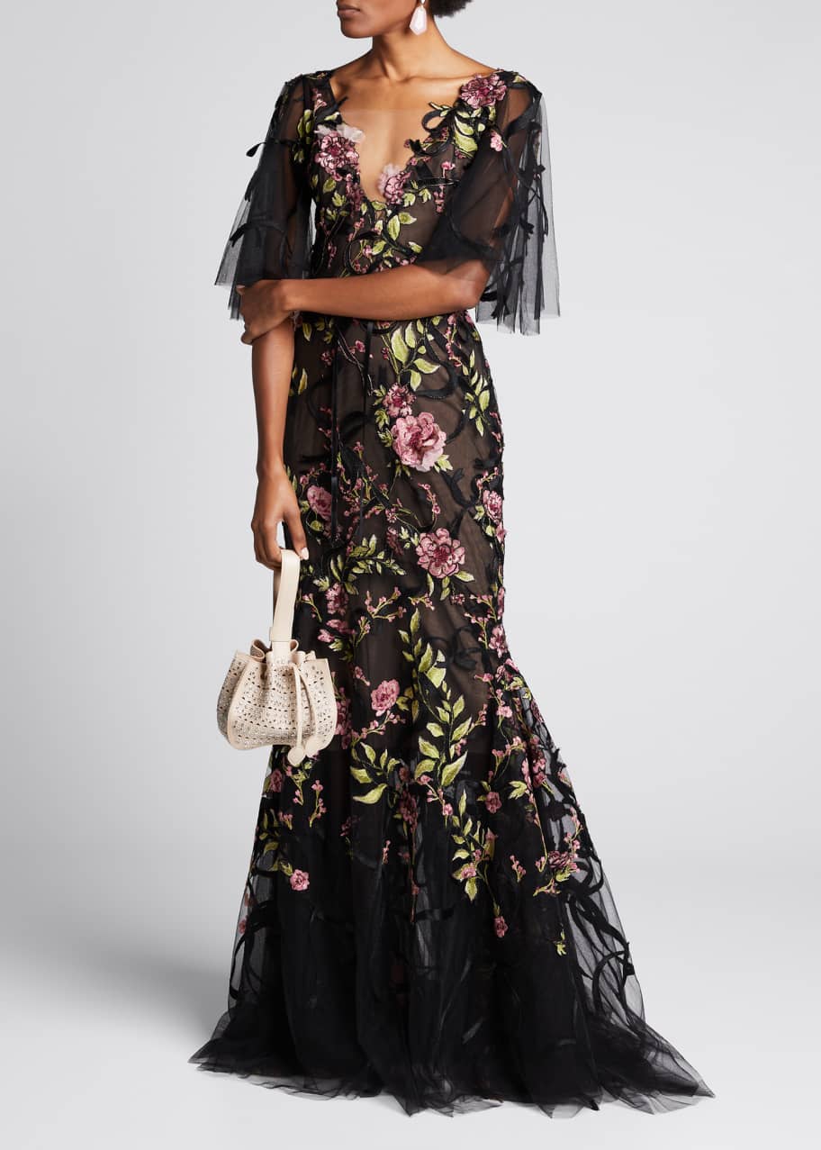 Marchesa Ribbon Lace Plunging V-Neck Gown - Bergdorf Goodman