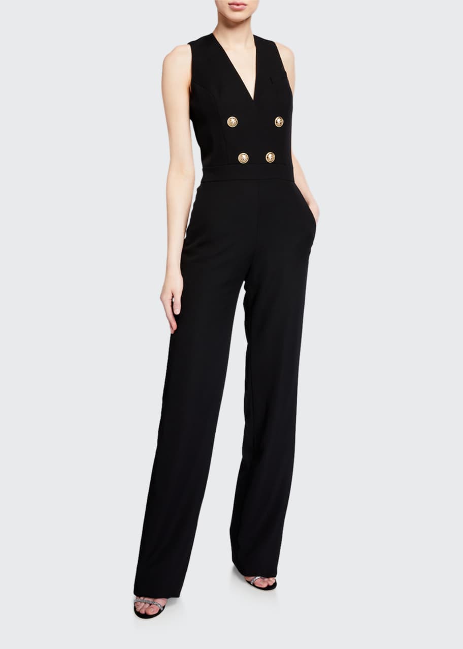Image 1 of 1: Button-Front Crepe Sleeveless Jumpsuit