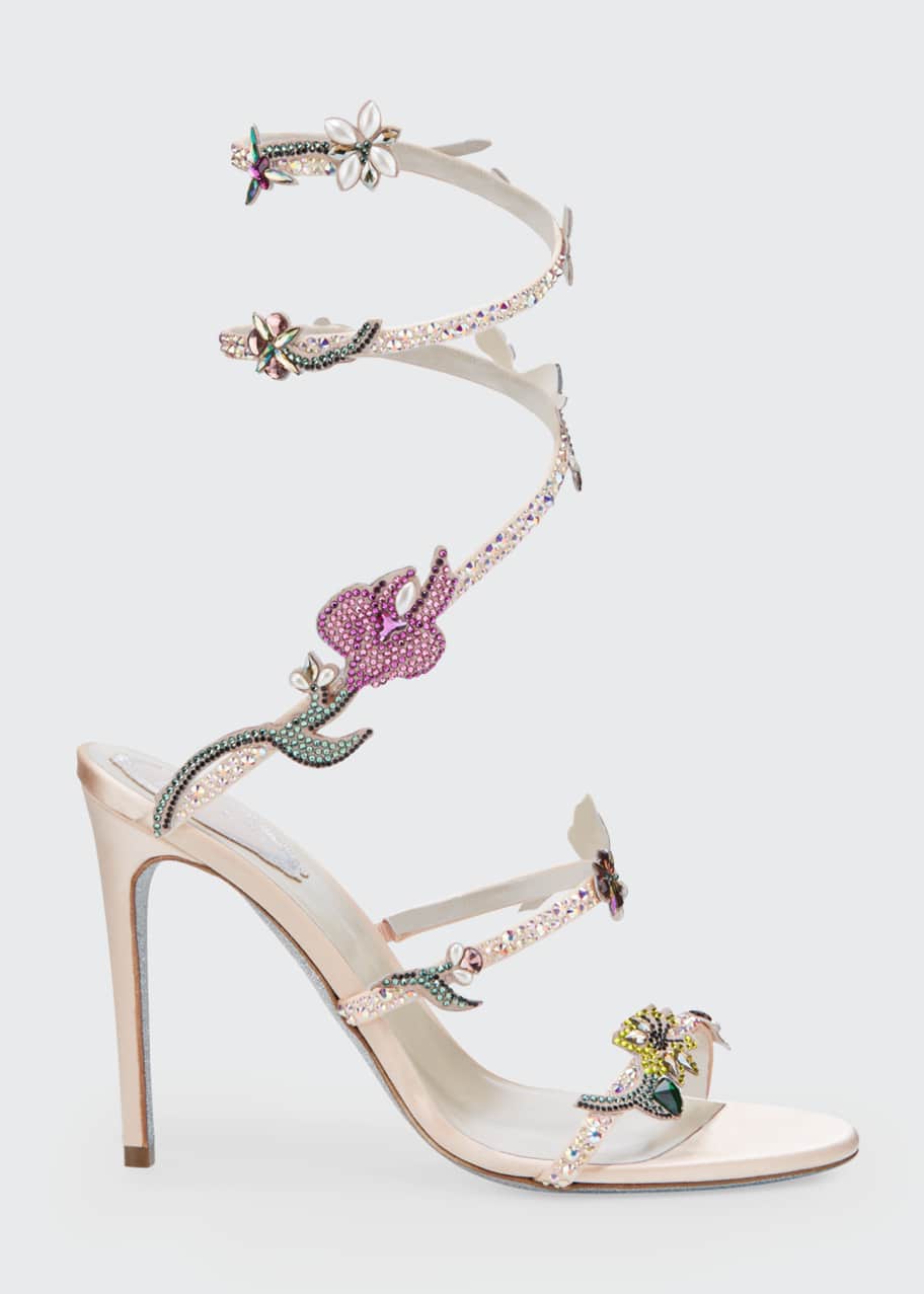 Rene Caovilla 105mm Snake-Ankle Floral Stud Sandals - Bergdorf Goodman