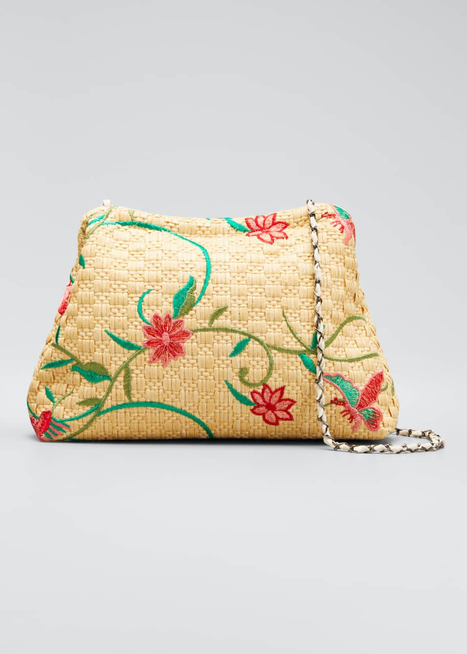 Image 1 of 1: Vague Small Floral-Print Raffia Clutch Bag
