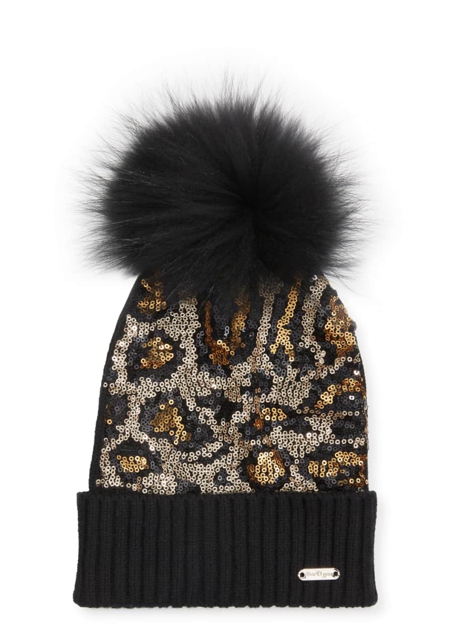 Image 1 of 1: Animal Sequin Beanie Hat w/ Fur Pompom
