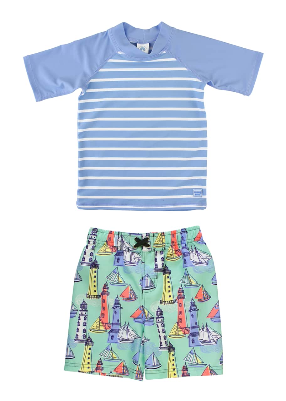 RuffleButts Boy's Striped Rash Guard w/ Lighthouse Swim Trunks, Size 3M ...