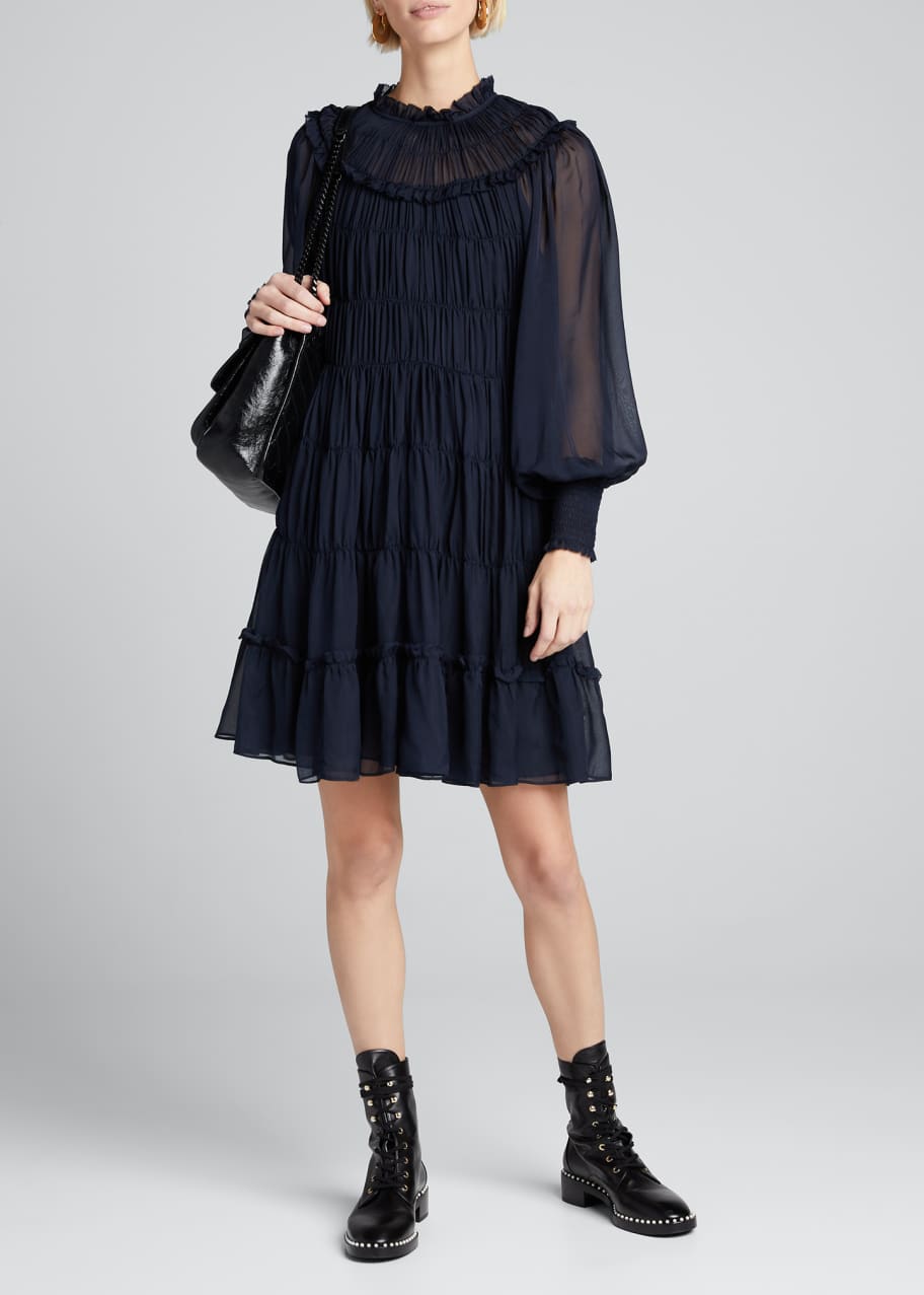 Image 1 of 1: Emmeline Shirred Blouson-Sleeve Silk Dress