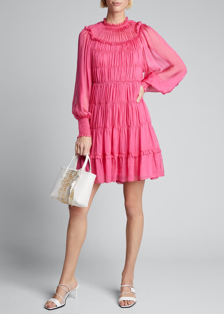 Ulla Johnson Emmeline Shirred Blouson-Sleeve Silk Dress