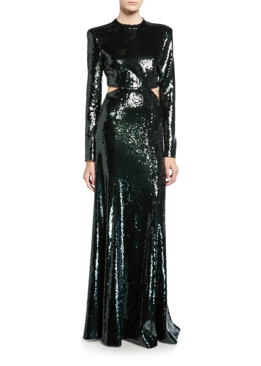 Image 1 of 1: Gabriela Sequined Cutout Long-Sleeve Gown