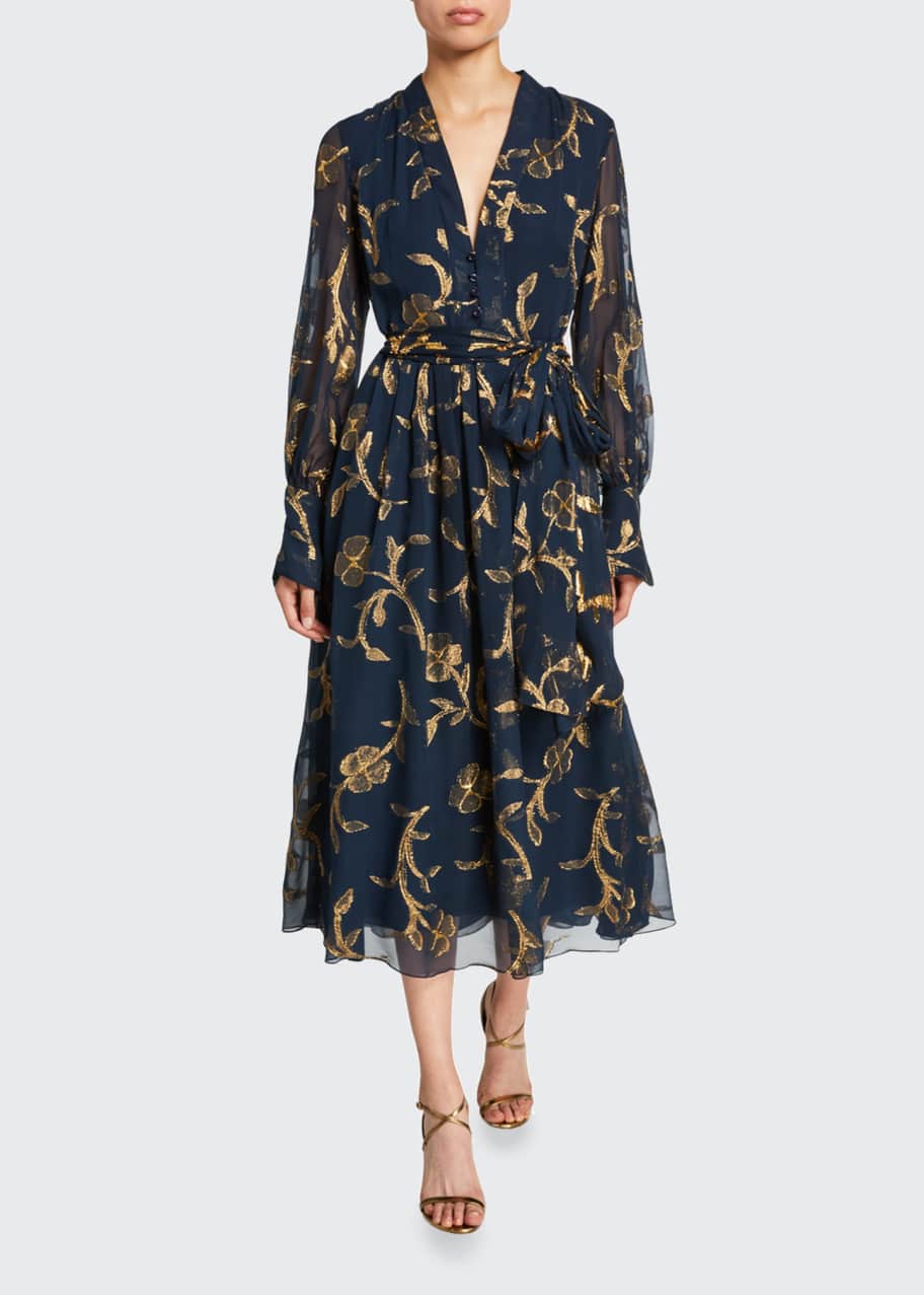 Image 1 of 1: Metallic-Embroidered Chiffon Tea Length Dress