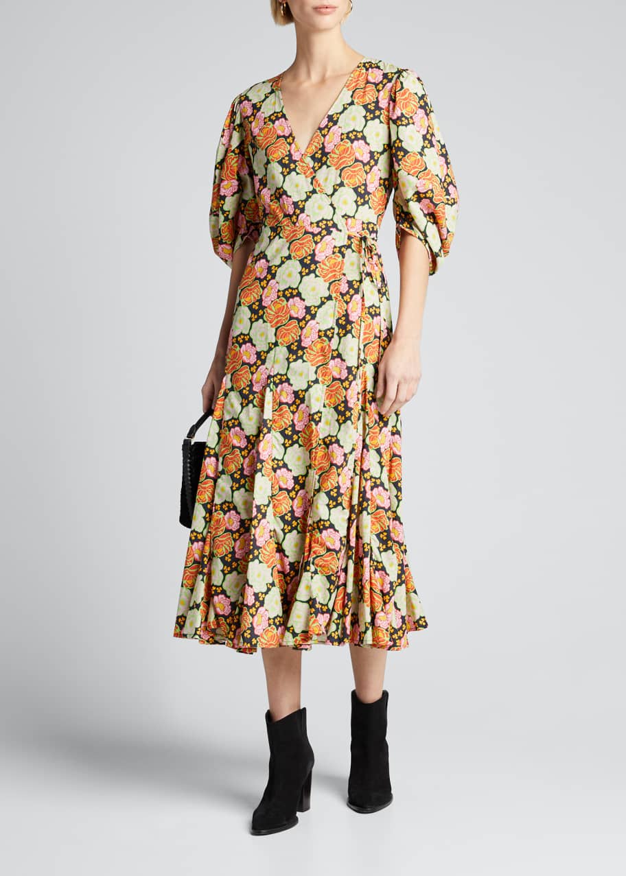 Rhode Fiona Floral-Print 3/4-Sleeve Wrap Dress - Bergdorf Goodman
