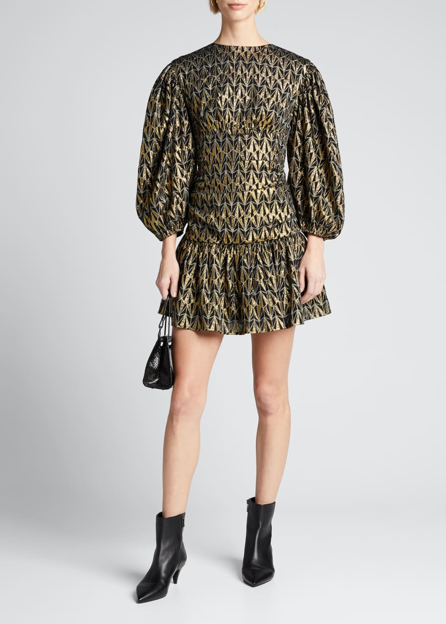 Image 1 of 1: Donna Geo-Print Metallic Blouson-Sleeve Dress