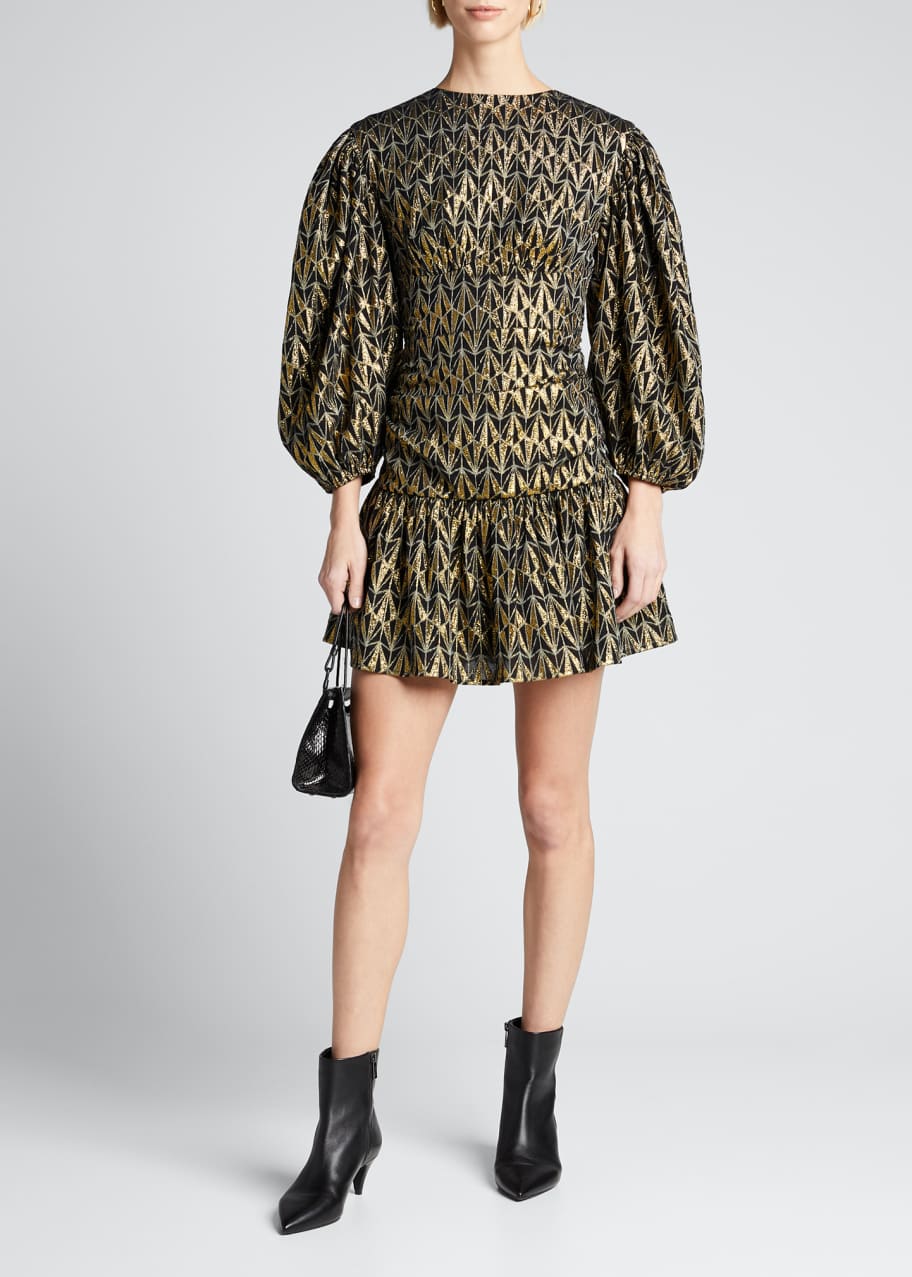 Rhode Donna Geo-Print Metallic Blouson-Sleeve Dress - Bergdorf Goodman