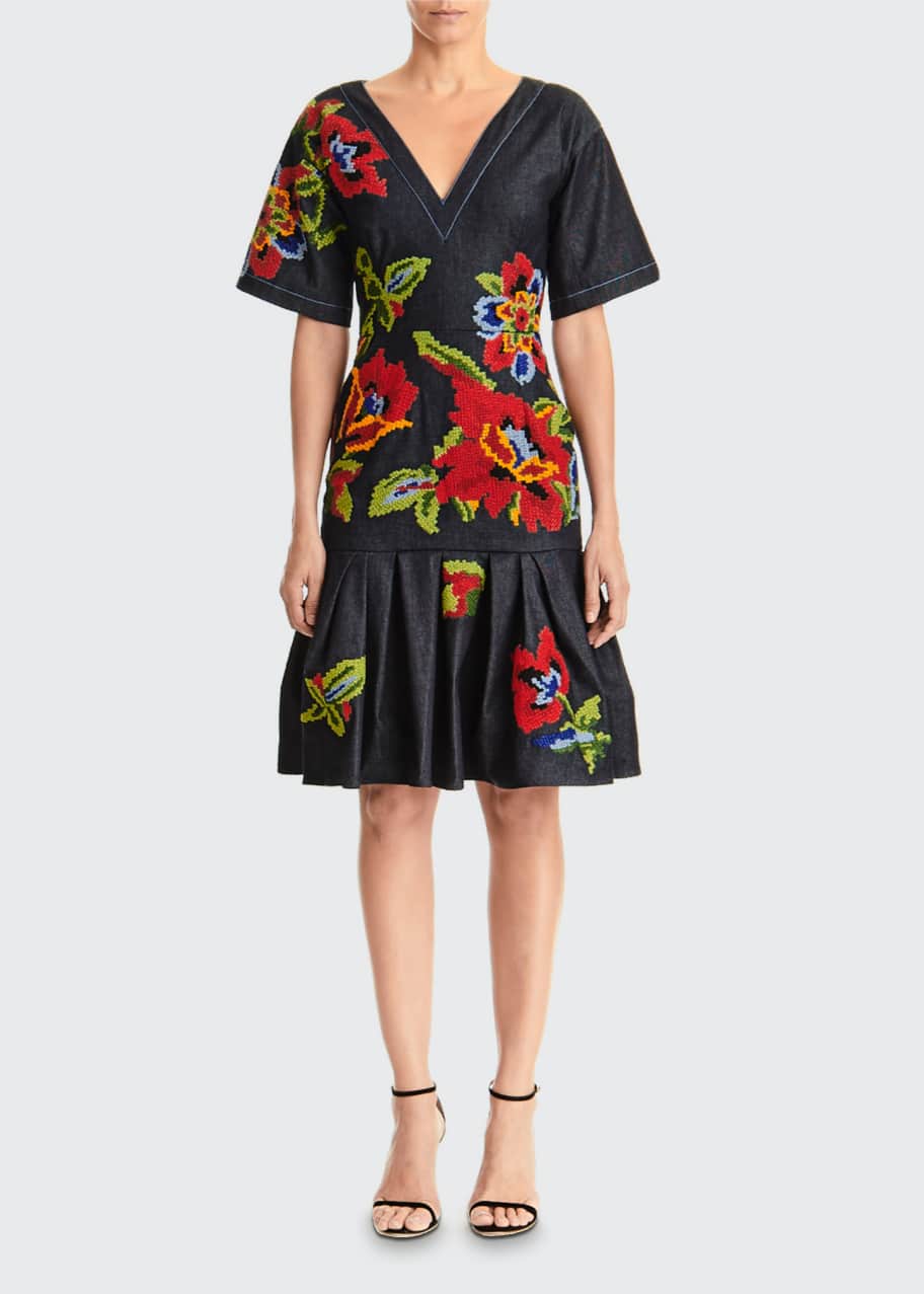 white christmas dresses Chambray Stitch & Bloom Embroidered Maxi Dress, Denim Large main image 0