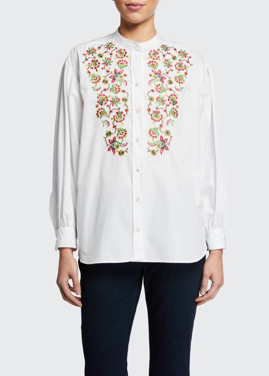 Image 1 of 1: Embroidered Balloon-Sleeve Peasant Blouse