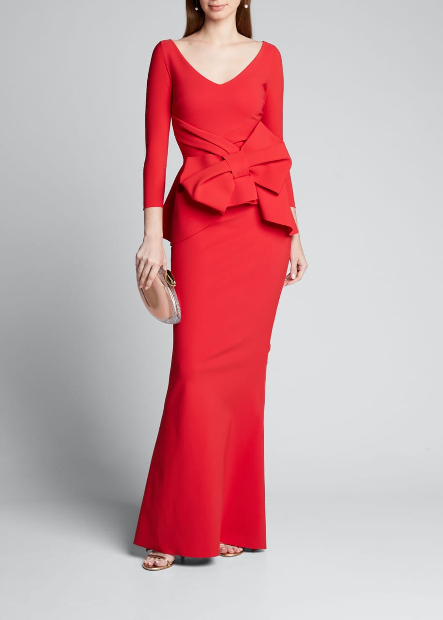 Image 1 of 1: V-Neck 3/4-Sleeve Bow Peplum Gown