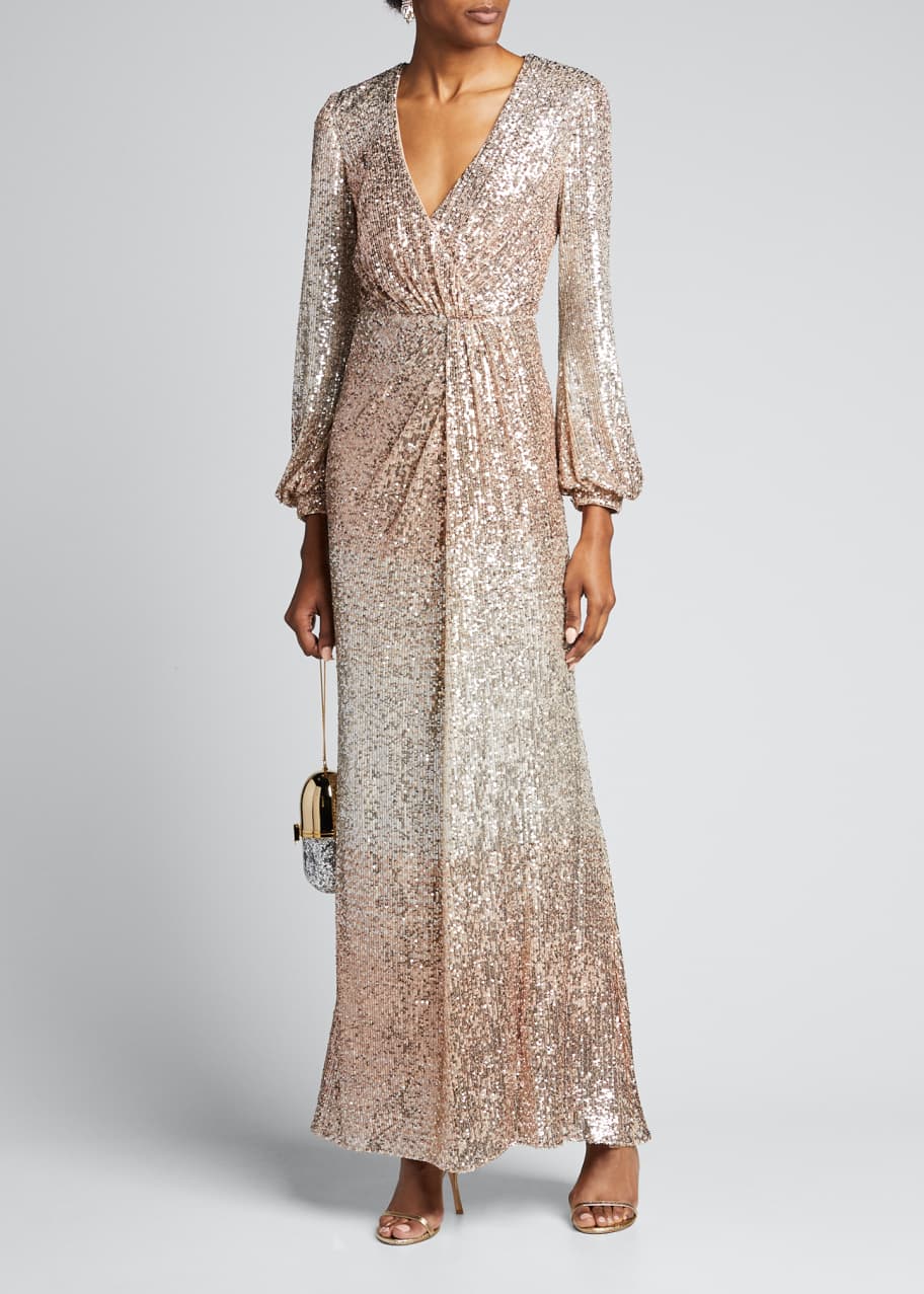 Image 1 of 1: Ombre Sequin Long-Sleeve Drape Gown