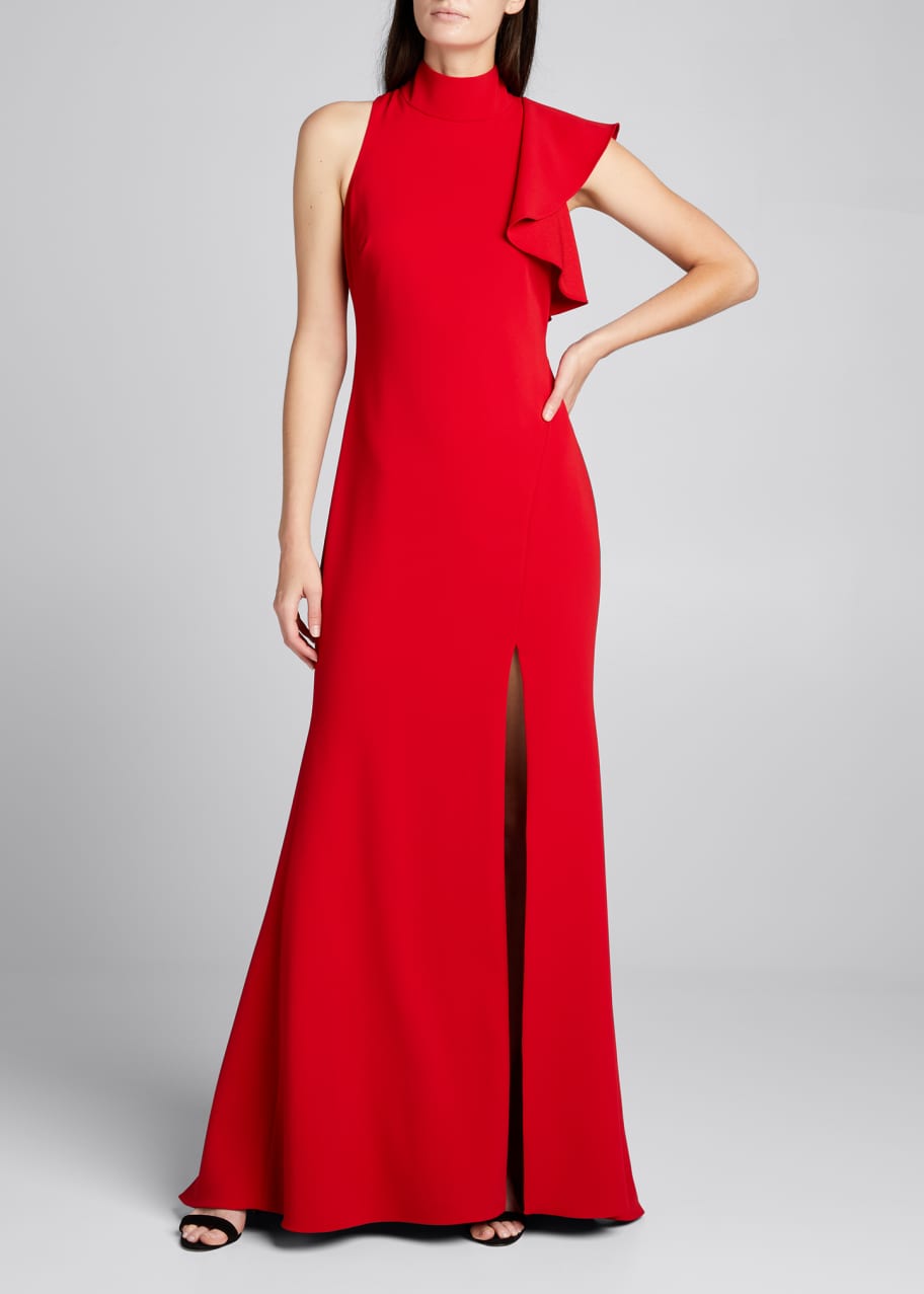 Badgley Mischka Collection Mock-Neck Sleeveless Asymmetric Ruffle Crepe Gown  - Bergdorf Goodman