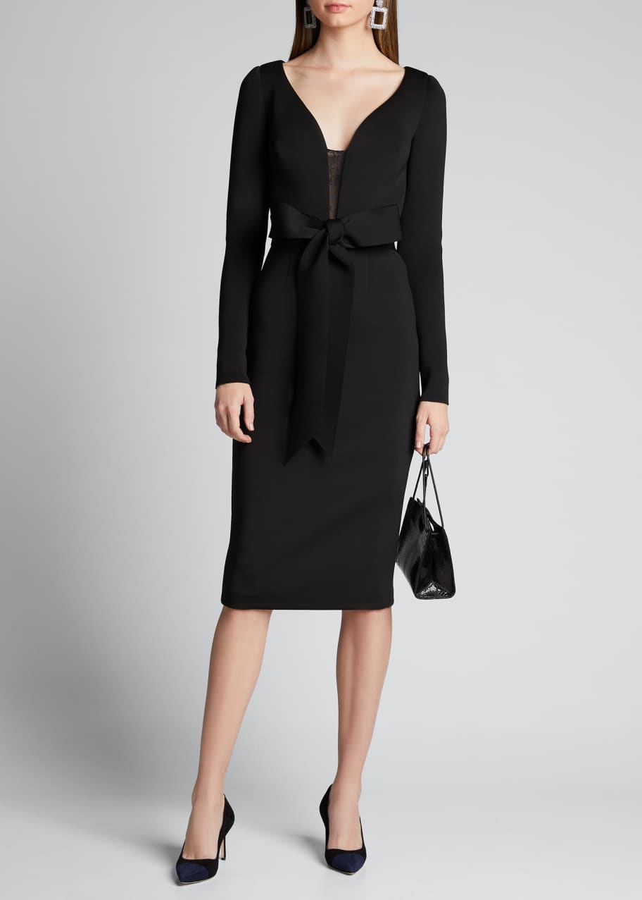 Image 1 of 1: V-Neck Long-Sleeve Scuba Dress with Bow