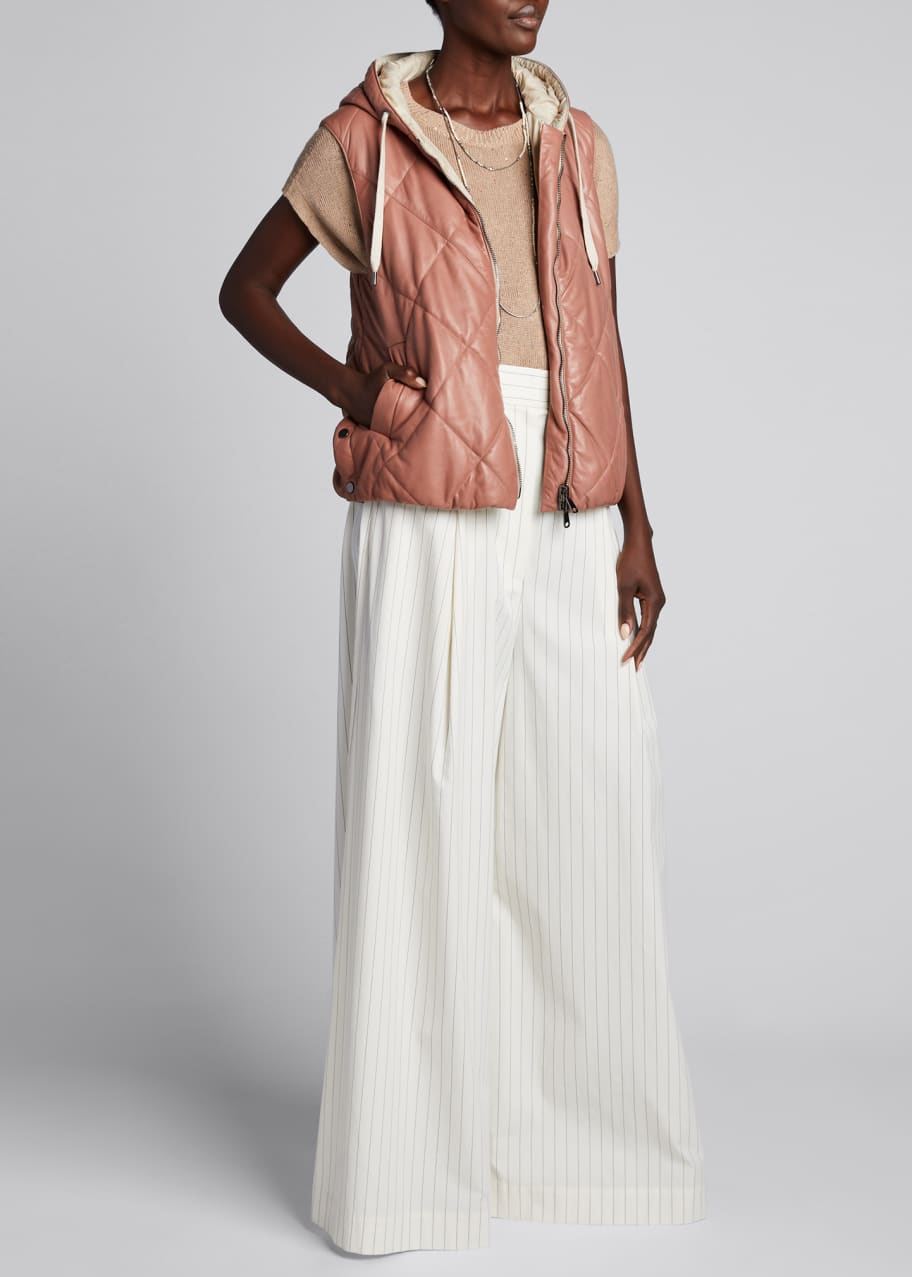 Image 1 of 1: Pinstripe Stretch Cotton Poplin Pleated Volume Trousers